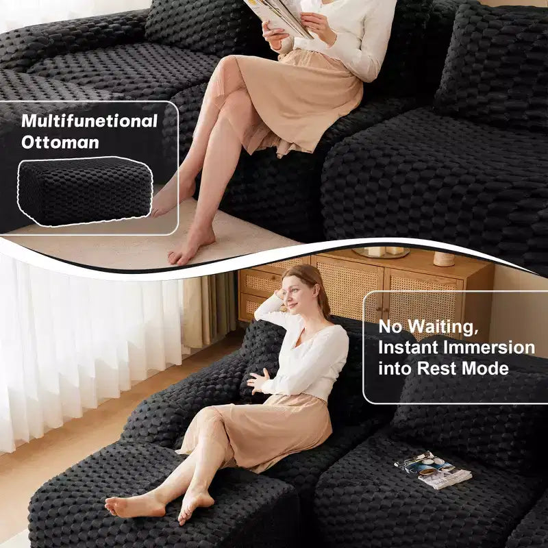 82 L-Shaped Modular Sofa Flannelette 2-Seater Ottoman Buckle No Assembly Black
