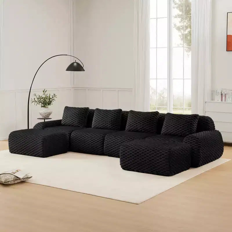 146 U-Shaped Modular Sofa Flannelette 4-Seater Ottoman Buckle No Assembly Black