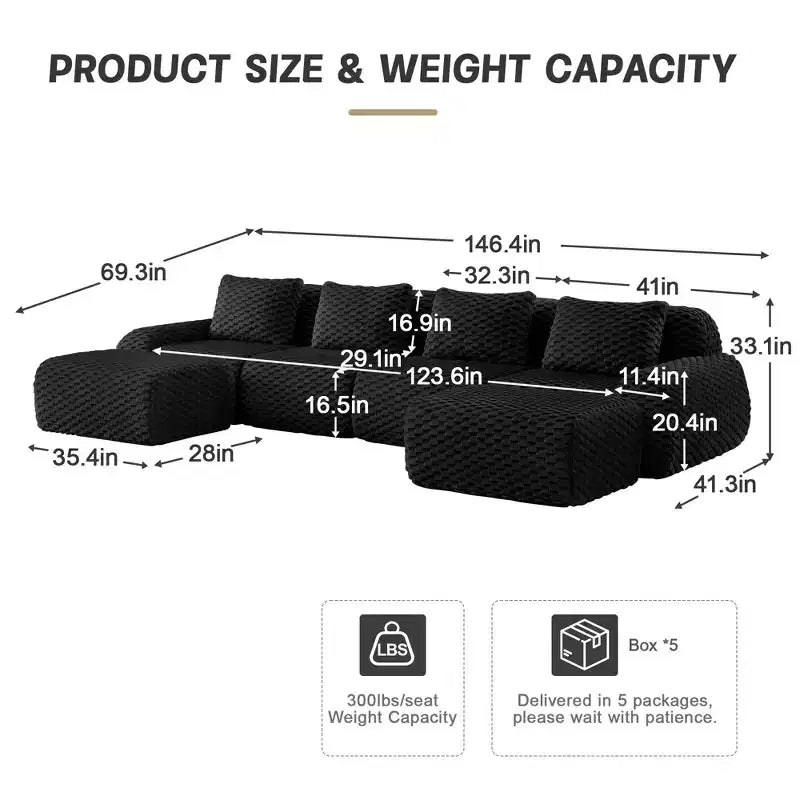 146 U-Shaped Modular Sofa Flannelette 4-Seater Ottoman Buckle No Assembly Black