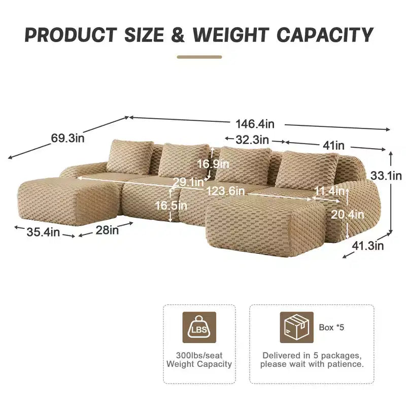 146 U-Shaped Modular Sofa Flannelette 4-Seater Ottoman Buckle No Assembly Light Camel