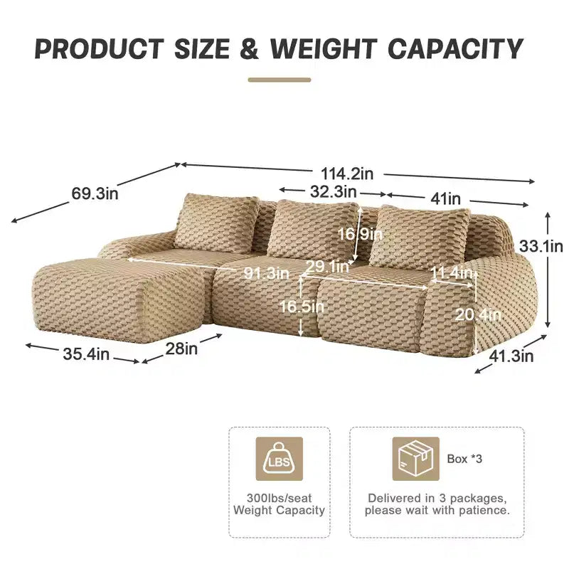 114 L-Shaped Modular Sofa Flannelette 3-Seater Ottoman Buckle No Assembly Light Camel
