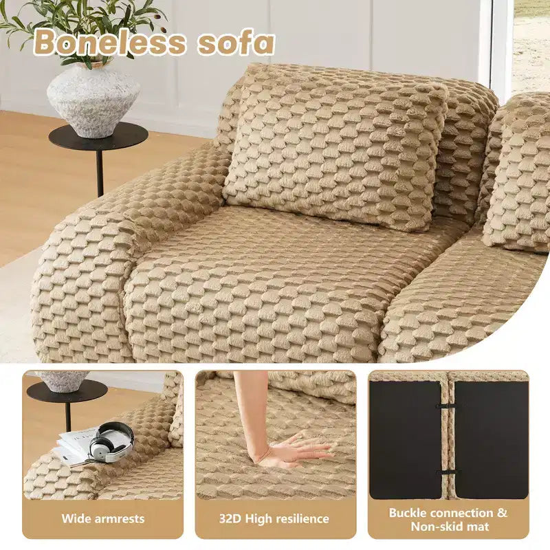 114 L-Shaped Modular Sofa Flannelette 3-Seater Ottoman Buckle No Assembly Light Camel