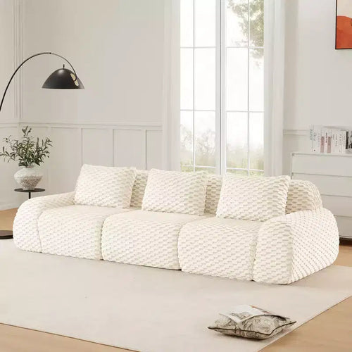 114 Sofá modular de tres plazas de franela con asiento profundo, hebilla, sin montaje, color crema