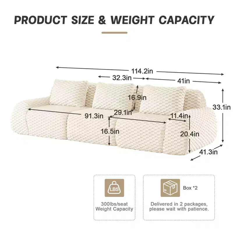 114 Modular Sectional Sofa Flannelette 3-Seater Deep Seat Buckle No Assembly Cream