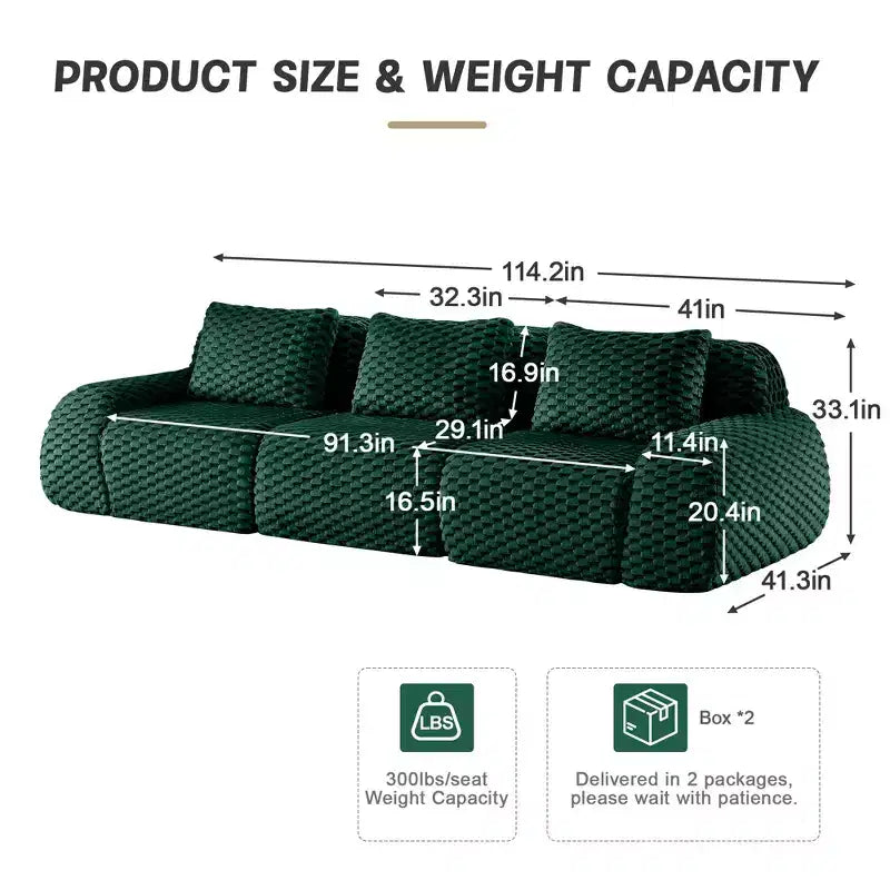 114 Modular Sectional Sofa Flannelette 3-Seater Deep Seat Buckle No Assembly Green