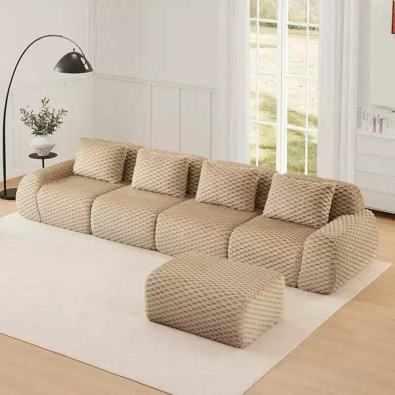 146 L-Shaped Modular Sofa Flannelette 4-Seater Ottoman Buckle No Assembly Light Camel