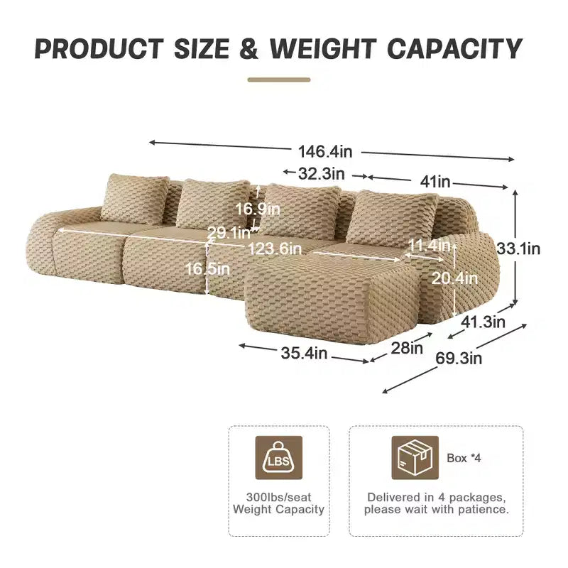 146 L-Shaped Modular Sofa Flannelette 4-Seater Ottoman Buckle No Assembly Light Camel