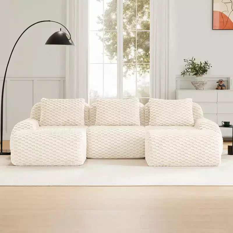146 Modular Sectional Sofa Flannelette 4-Seater Deep Seat Buckle No Assembly Cream