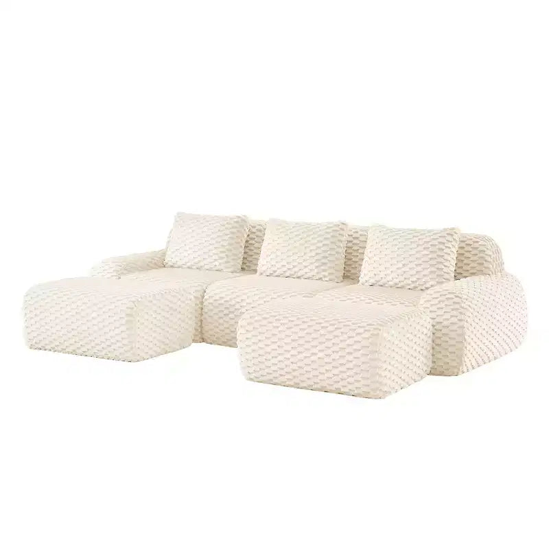 146 Modular Sectional Sofa Flannelette 4-Seater Deep Seat Buckle No Assembly Cream