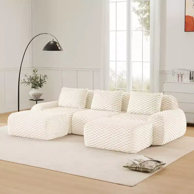 146 Modular Sectional Sofa Flannelette 4-Seater Deep Seat Buckle No Assembly Cream