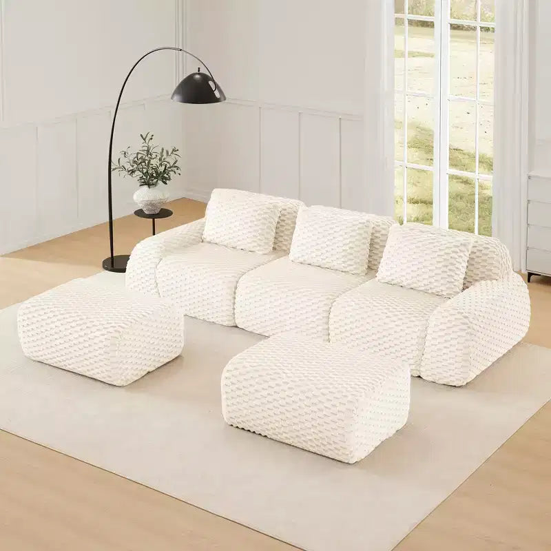 146 Modular Sectional Sofa Flannelette 4-Seater Deep Seat Buckle No Assembly Cream