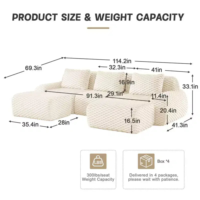 146 Modular Sectional Sofa Flannelette 4-Seater Deep Seat Buckle No Assembly Cream