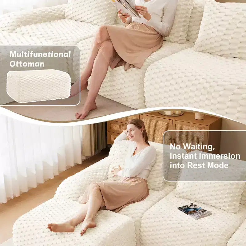 146 Modular Sectional Sofa Flannelette 4-Seater Deep Seat Buckle No Assembly Cream