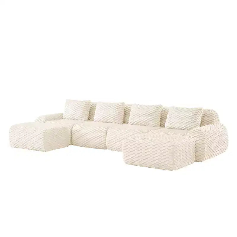 146 U-Shaped Modular Sofa Flannelette 4-Seater Ottoman Buckle No Assembly Cream