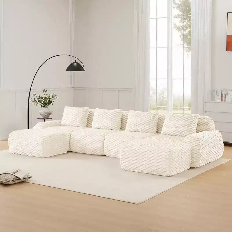 146 U-Shaped Modular Sofa Flannelette 4-Seater Ottoman Buckle No Assembly Cream