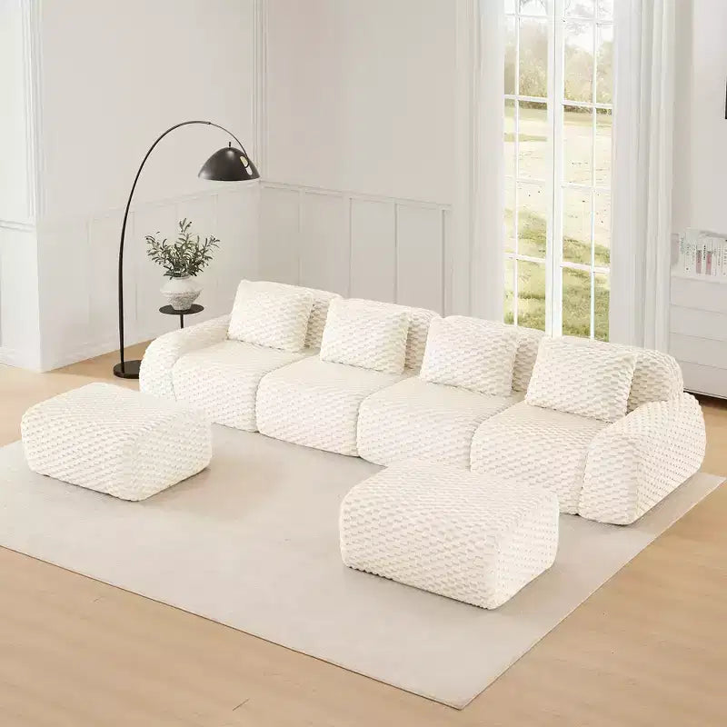 146 U-Shaped Modular Sofa Flannelette 4-Seater Ottoman Buckle No Assembly Cream