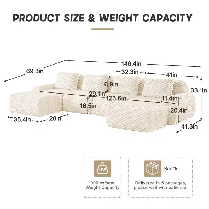 146 U-Shaped Modular Sofa Flannelette 4-Seater Ottoman Buckle No Assembly Cream