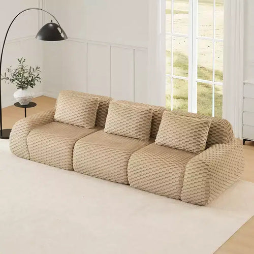 Sofá seccional modular de franela de 114 pulgadas, 3 asientos, asiento profundo, con hebilla, no requiere montaje, camello claro