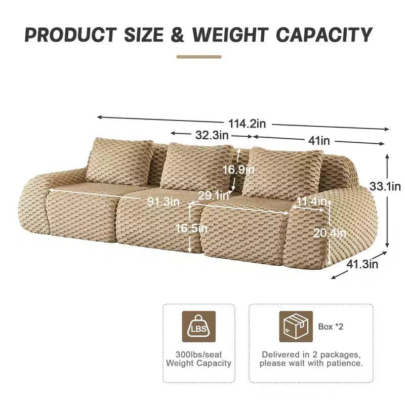 114 Modular Sectional Sofa Flannelette 3-Seater Deep Seat Buckle No Assembly Light Camel
