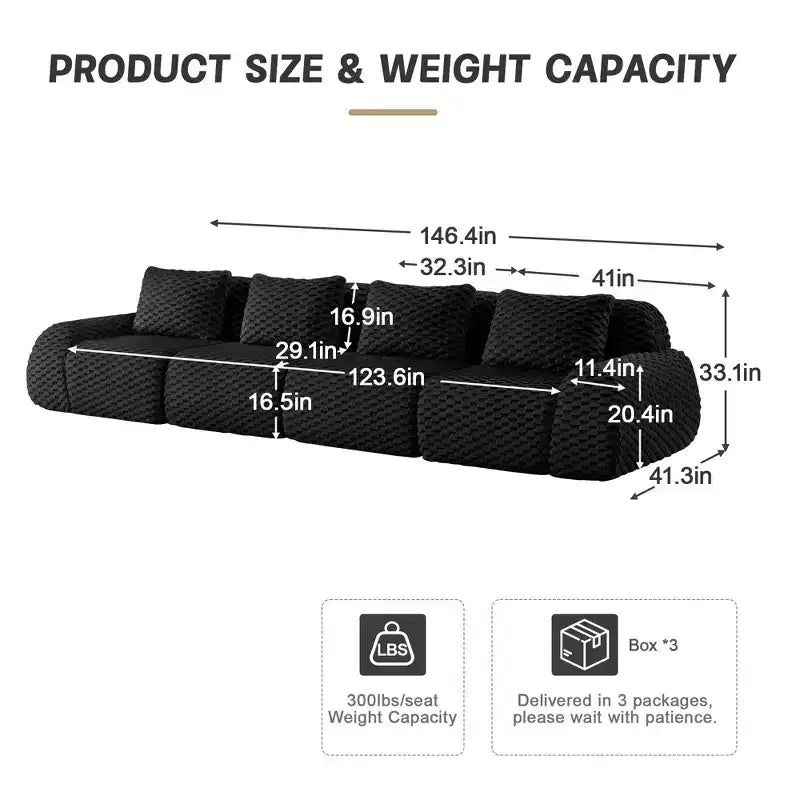 146 Modular Sectional Sofa Flannelette 4-Seater Deep Seat Buckle No Assembly Black