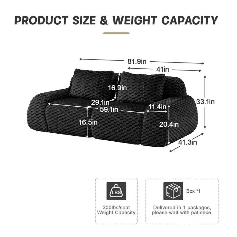 82 Modular Sectional Sofa Flannelette 2-Seater Deep Seat Buckle No Assembly Black