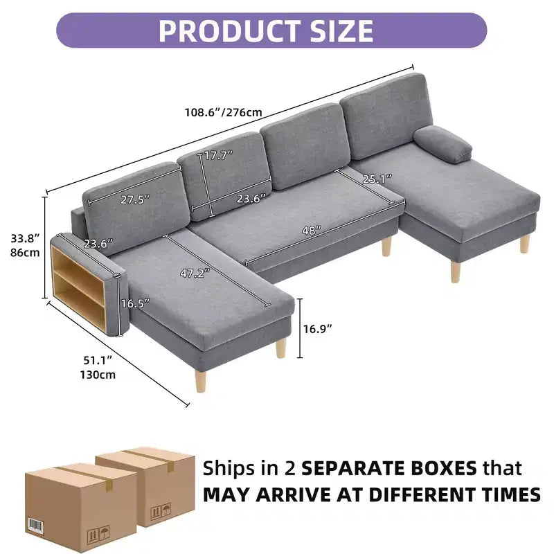 Balconera 109 U Shaped Modular Sectional Sofa 4 Seats Sectional Sleeper Sofa Comfy Couch with Armrests Easy To Assemble for Living Room Bedroom