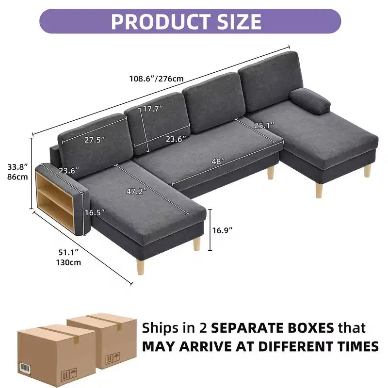 Balconera 109 U Shaped Modular Sectional Sofa 4 Seats Sectional Sleeper Sofa Comfy Couch with Armrests Easy To Assemble for Living Room Bedroom