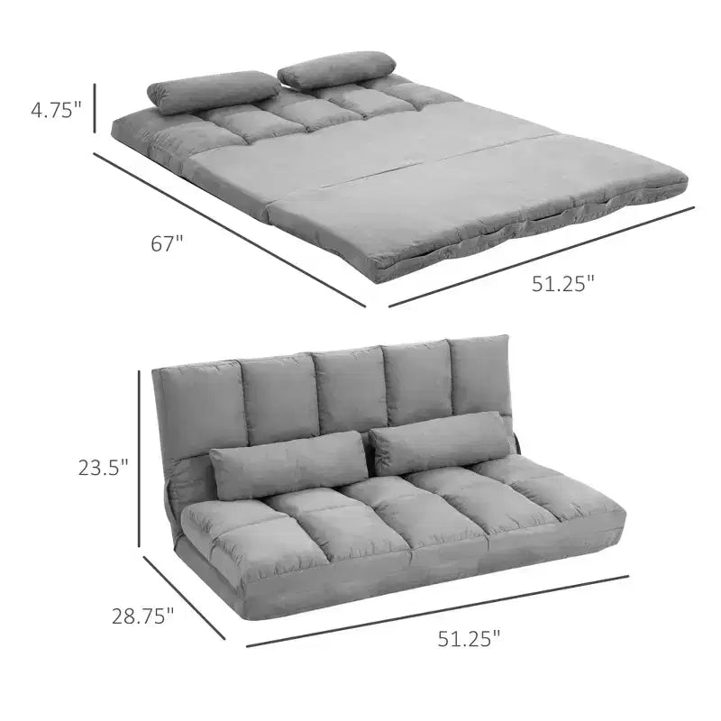 Convertible Floor Sofa Chair, Folding Couch Bed, Guest Chaise Lounge with 2 Pillows, Adjustable Backrest and Headrest, 51.25 L