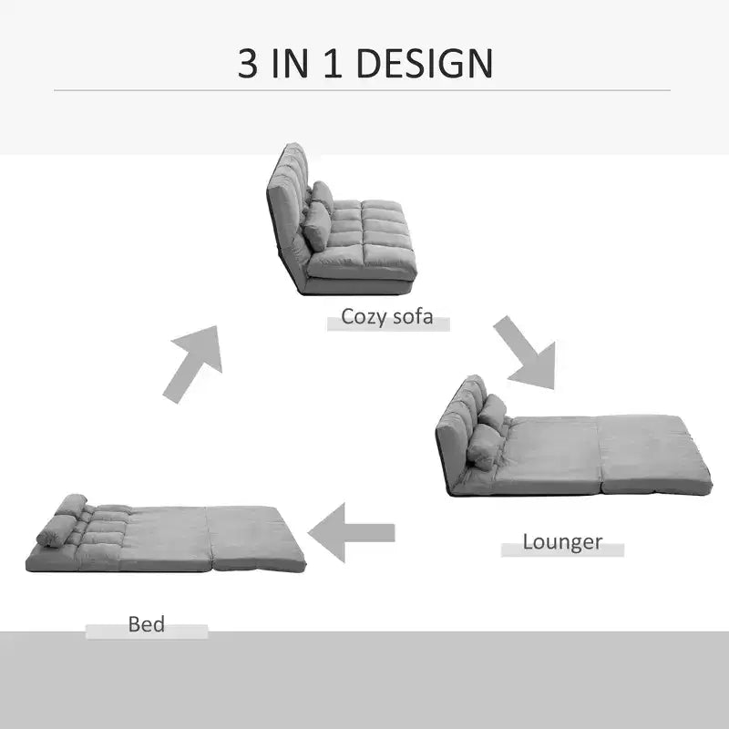 Convertible Floor Sofa Chair, Folding Couch Bed, Guest Chaise Lounge with 2 Pillows, Adjustable Backrest and Headrest, 51.25 L