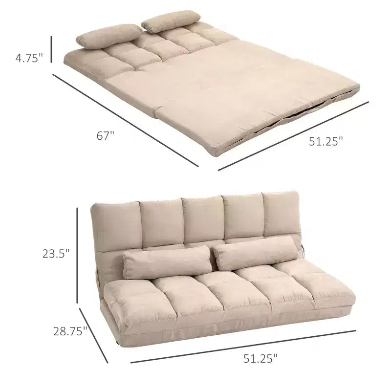 Convertible Floor Sofa Chair, Folding Couch Bed, Guest Chaise Lounge with 2 Pillows, Adjustable Backrest and Headrest, 51.25 L