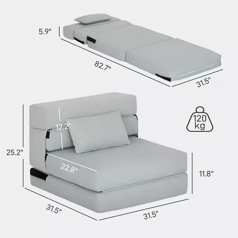 Folding Chair Bed with Pillow, Modern Linen Sleeper Sofa Bed for Living Room, Dorm, Guest Use