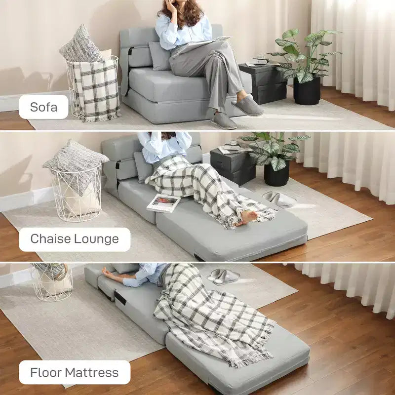 Folding Chair Bed with Pillow, Modern Linen Sleeper Sofa Bed for Living Room, Dorm, Guest Use