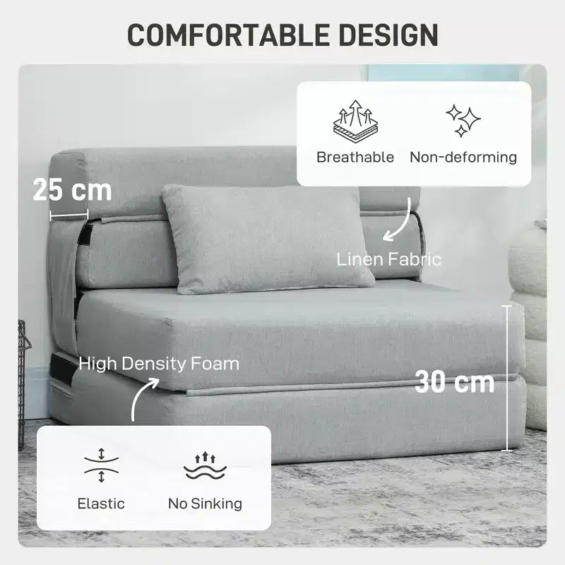 Folding Chair Bed with Pillow, Modern Linen Sleeper Sofa Bed for Living Room, Dorm, Guest Use