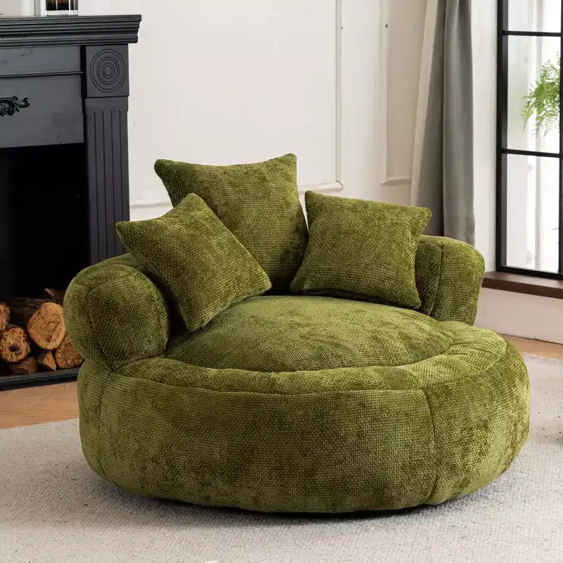 Efomao Round Ultra Soft Chenille Foam Bean Bag Chair - Oversized Comfy with Armrests & 3 Pillows - for Adults/Teens (Olive Green)