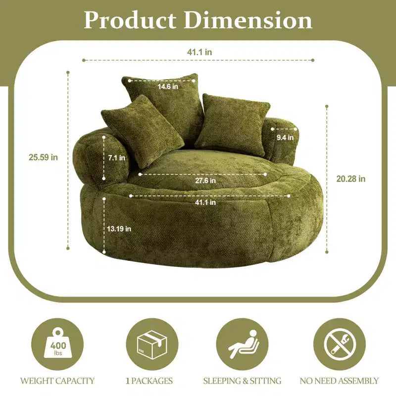 Efomao Round Ultra Soft Chenille Foam Bean Bag Chair - Oversized Comfy with Armrests & 3 Pillows - for Adults/Teens (Olive Green)