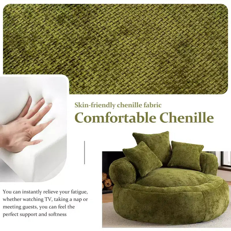 Efomao Round Ultra Soft Chenille Foam Bean Bag Chair - Oversized Comfy with Armrests & 3 Pillows - for Adults/Teens (Olive Green)