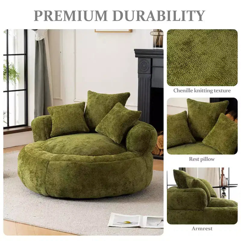 Efomao Round Ultra Soft Chenille Foam Bean Bag Chair - Oversized Comfy with Armrests & 3 Pillows - for Adults/Teens (Olive Green)