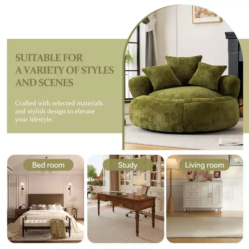 Efomao Round Ultra Soft Chenille Foam Bean Bag Chair - Oversized Comfy with Armrests & 3 Pillows - for Adults/Teens (Olive Green)