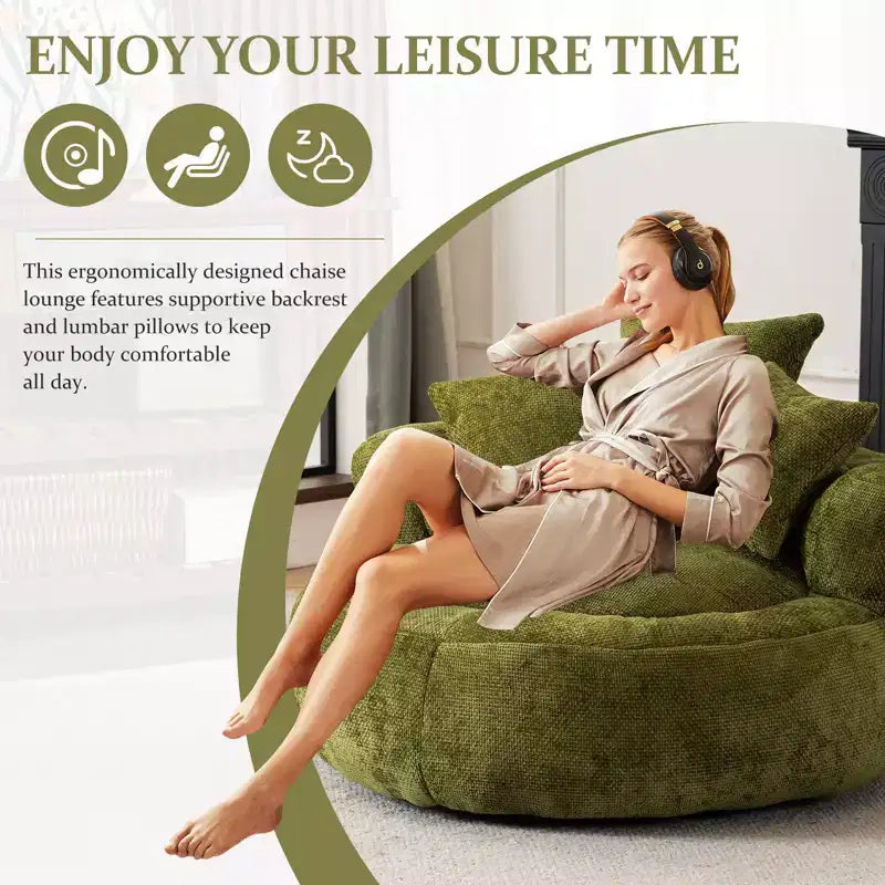 Efomao Round Ultra Soft Chenille Foam Bean Bag Chair - Oversized Comfy with Armrests & 3 Pillows - for Adults/Teens (Olive Green)