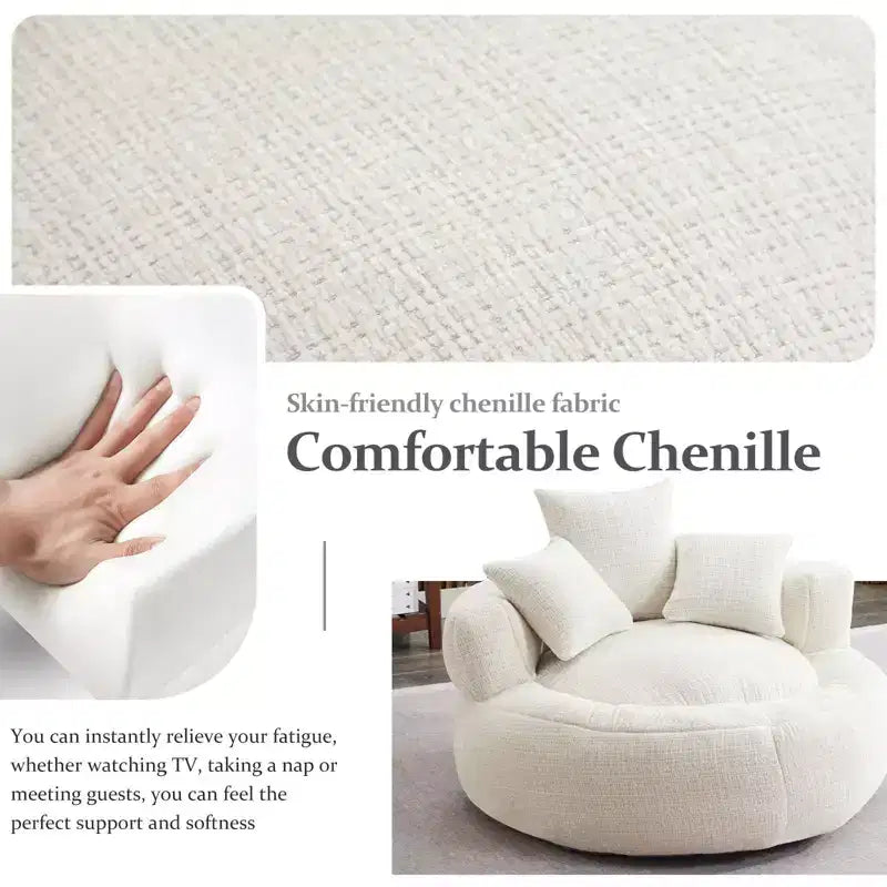 Efomao Round Ultra Soft Chenille Foam Bean Bag Chair - Oversized Comfy with Armrests & 3 Pillows - for Adults/Teens (White)
