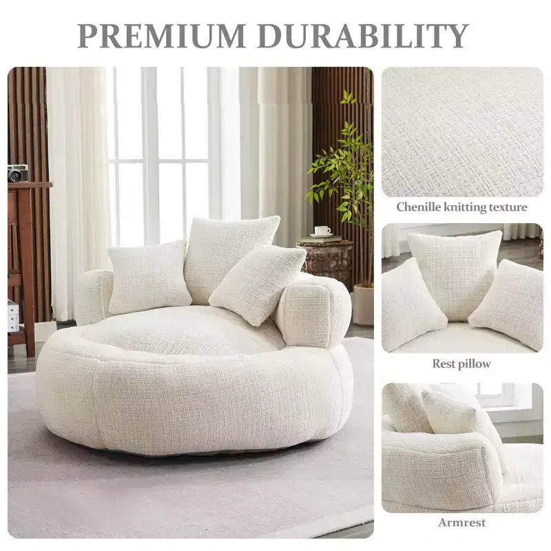 Efomao Round Ultra Soft Chenille Foam Bean Bag Chair - Oversized Comfy with Armrests & 3 Pillows - for Adults/Teens (White)