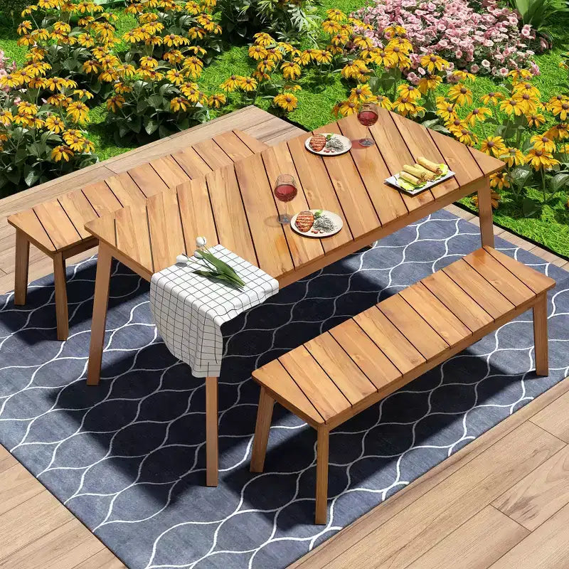 JVNOXK 3 Pieces Acacia Wood Table Bench Dining Set For Furniture With 2 Benches, Picnic Beer Table forPatio,Garden, Natural