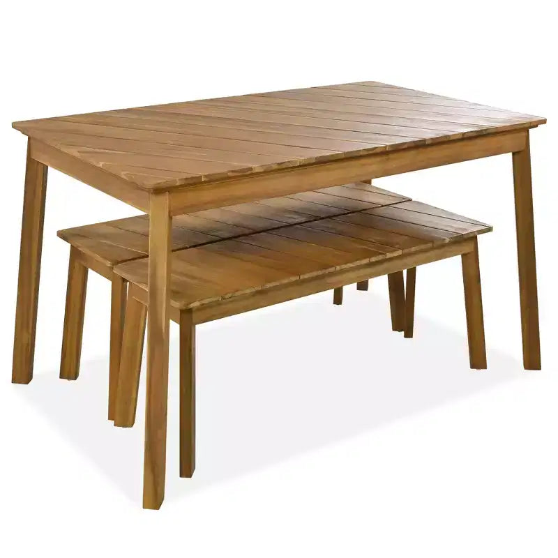 JVNOXK 3 Pieces Acacia Wood Table Bench Dining Set For Furniture With 2 Benches, Picnic Beer Table forPatio,Garden, Natural