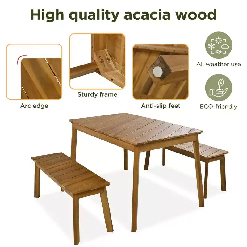 JVNOXK 3 Pieces Acacia Wood Table Bench Dining Set For Furniture With 2 Benches, Picnic Beer Table forPatio,Garden, Natural