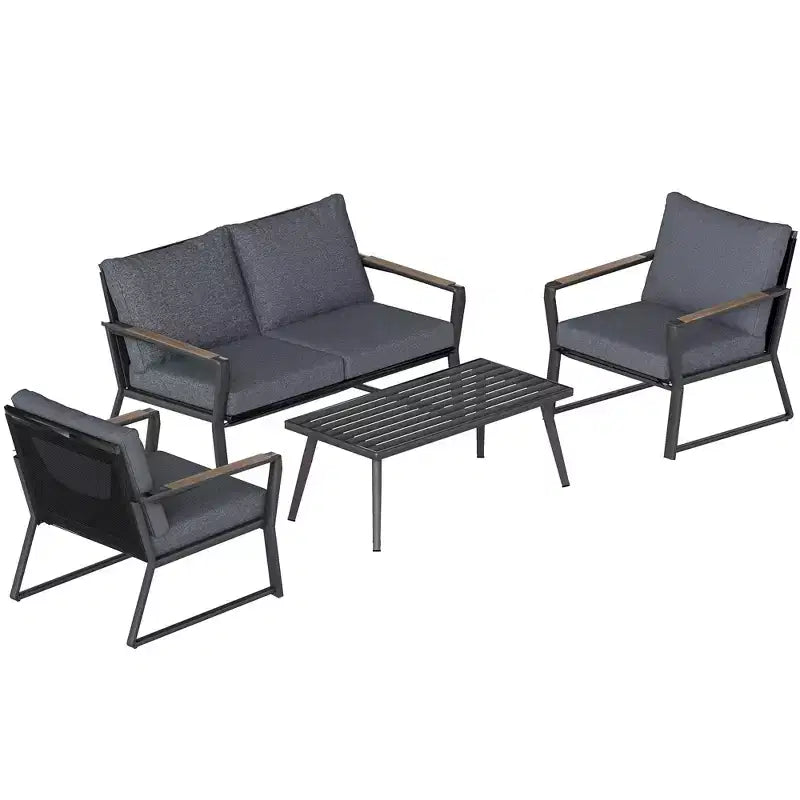 4 Piece Patio Furniture Set, Aluminum Conversation Set, Outdoor Garden Sofa Set with Armchairs, Loveseat, Center Coffee Table and Cushions