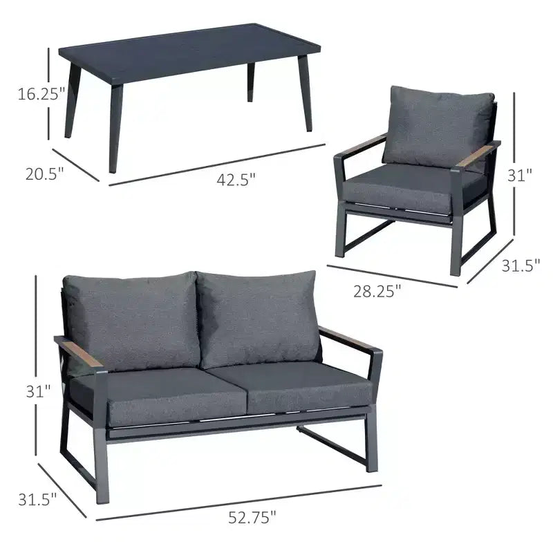 Ensemble de mobilier de jardin 4 pièces, salon de conversation en aluminium, ensemble de canapés de jardin extérieur avec fauteuils, causeuse, table basse et coussins