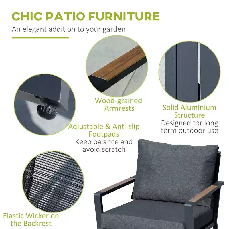 Ensemble de mobilier de jardin 4 pièces, salon de conversation en aluminium, ensemble de canapés de jardin extérieur avec fauteuils, causeuse, table basse et coussins