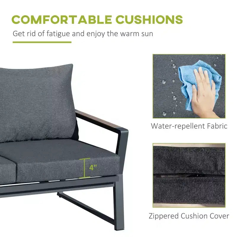 Ensemble de mobilier de jardin 4 pièces, salon de conversation en aluminium, ensemble de canapés de jardin extérieur avec fauteuils, causeuse, table basse et coussins