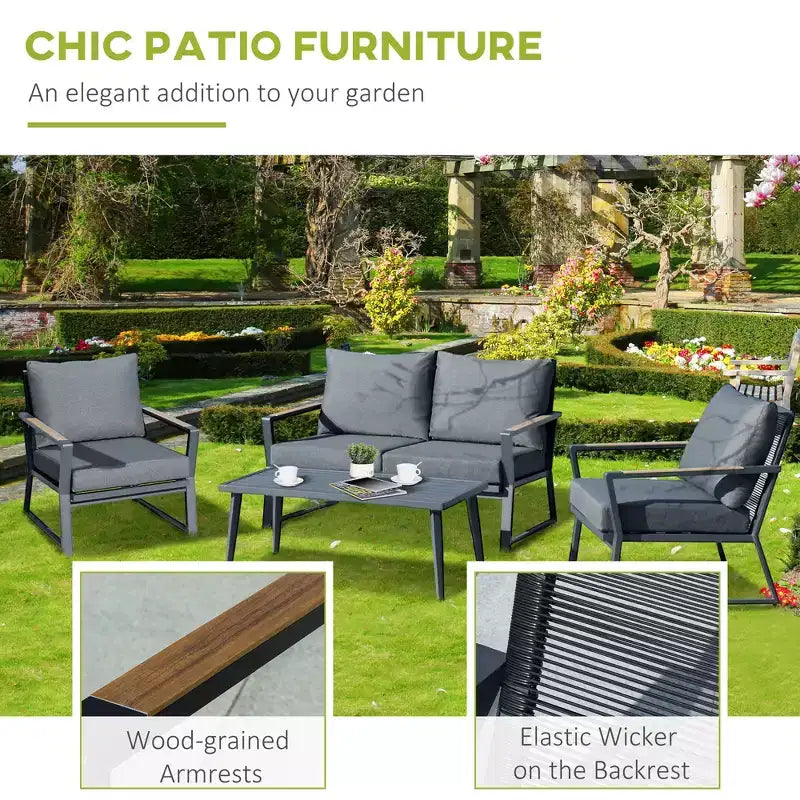 Ensemble de mobilier de jardin 4 pièces, salon de conversation en aluminium, ensemble de canapés de jardin extérieur avec fauteuils, causeuse, table basse et coussins