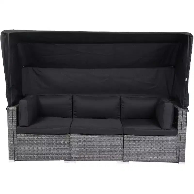 Shaped Patio Furniture Set w/Retractable Canopy, 7 Piece All Weather Heavy Duty Sofa Ideal for Garden, Porch, Backyard Black
